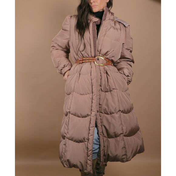 Vintage Beige Down Puffer Long Coat Jacket Quilted Leather Belt Warm Size L - Picture 2 of 12